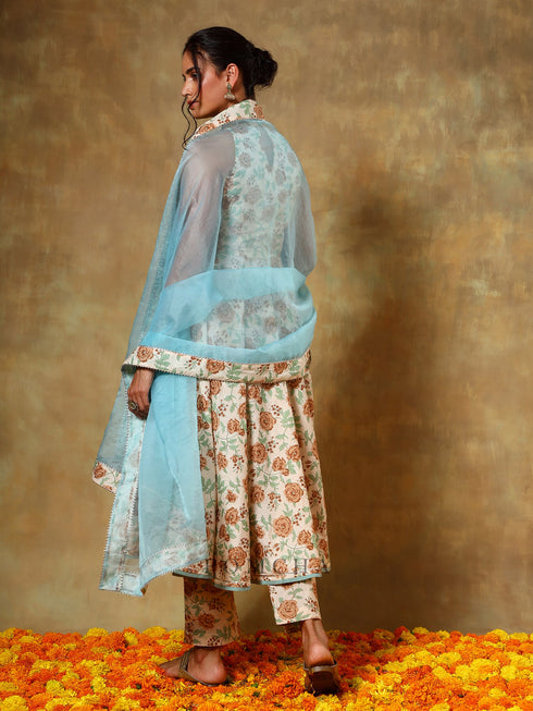 Pomcha Jaipur Beige Halter Neck Cotton Anarkali Set
